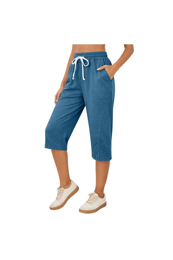 Womens Capri Pants Elastic High Waisted Sport Workout Yoga Pants Drawstring Casual Cropped Joggers Summer Lounge Pants with Pockets