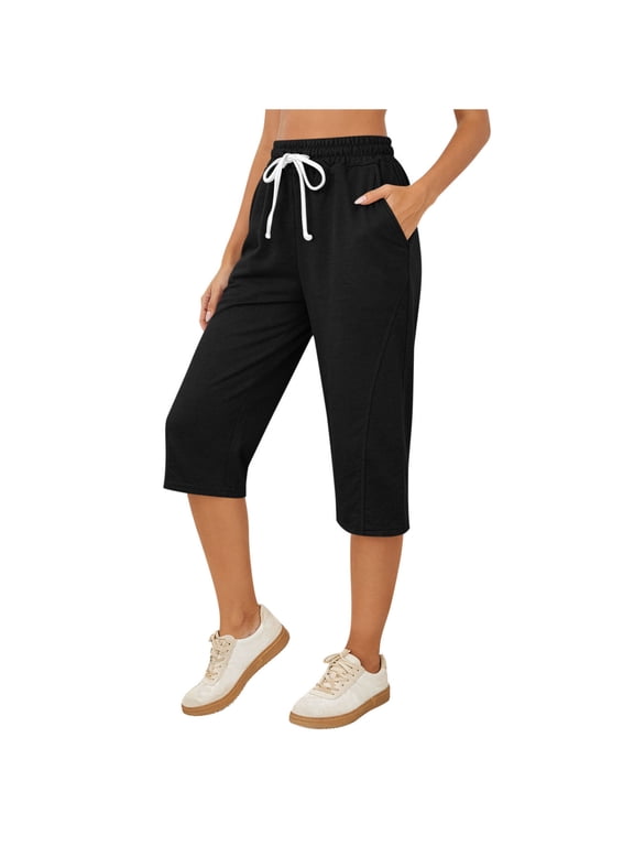 Womens Capri Pants Elastic High Waisted Sport Workout Yoga Pants Drawstring Casual Cropped Joggers Summer Lounge Pants with Pockets