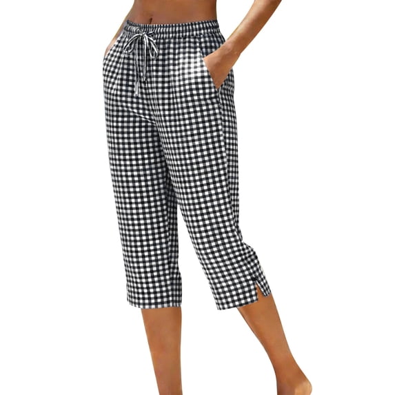 Yievot Womens Casual Capri Pants Plaid Lounge Cropped Pants with Pockets Drawstring Elastic Waist