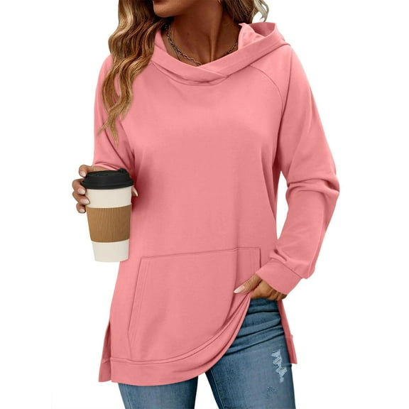 Yievot Womens Casual Hoodies Long Sleeve Fall Sweatshirts Solid Loose Side Slit Pullover Tops with Pocket