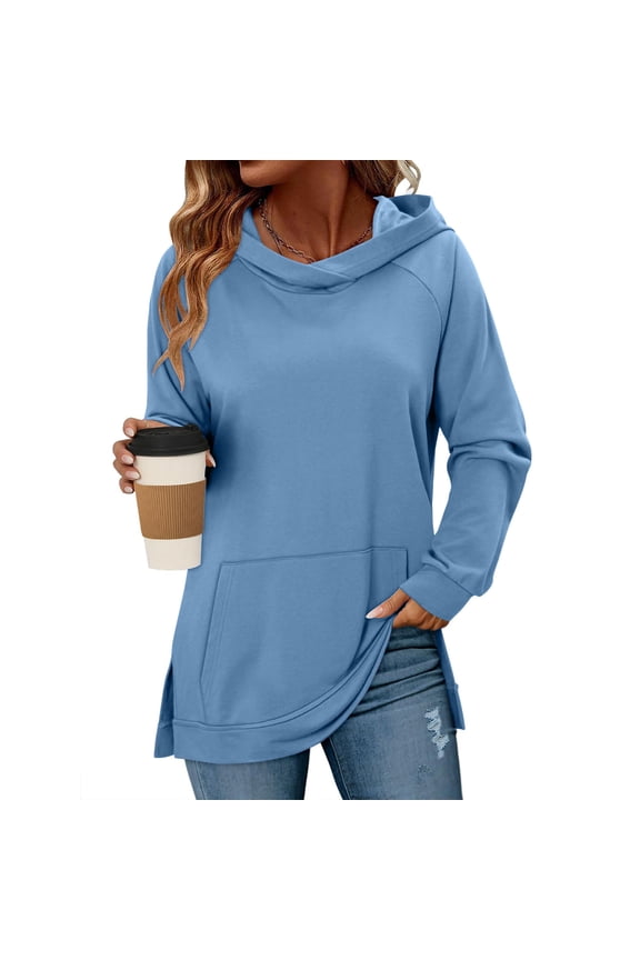 Womens Casual Hoodies Long Sleeve Fall Sweatshirts Solid Loose Side Slit Pullover Tops with Pocket
