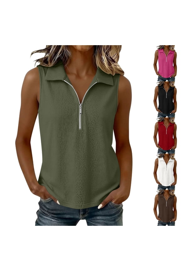 Womens Collared Tank Tops Half Zip Sleeveless Tops Summer Ribbed Knit Office Casual Shirts