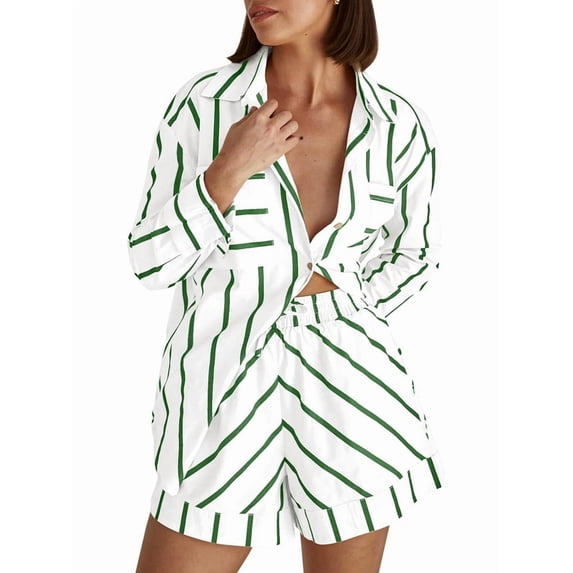 Womens Striped 2 Piece Outfits Button Down Shirts and Shorts Lounge Matching Sets Green 5XL