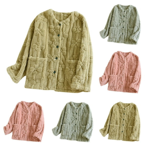 Yievot Womens Flannel Sherpa Jackets Winter Casual Thermal Jacket Brushed Fleece Lining Button Down Front Long Sleeve Loungewear Tops with Pocket