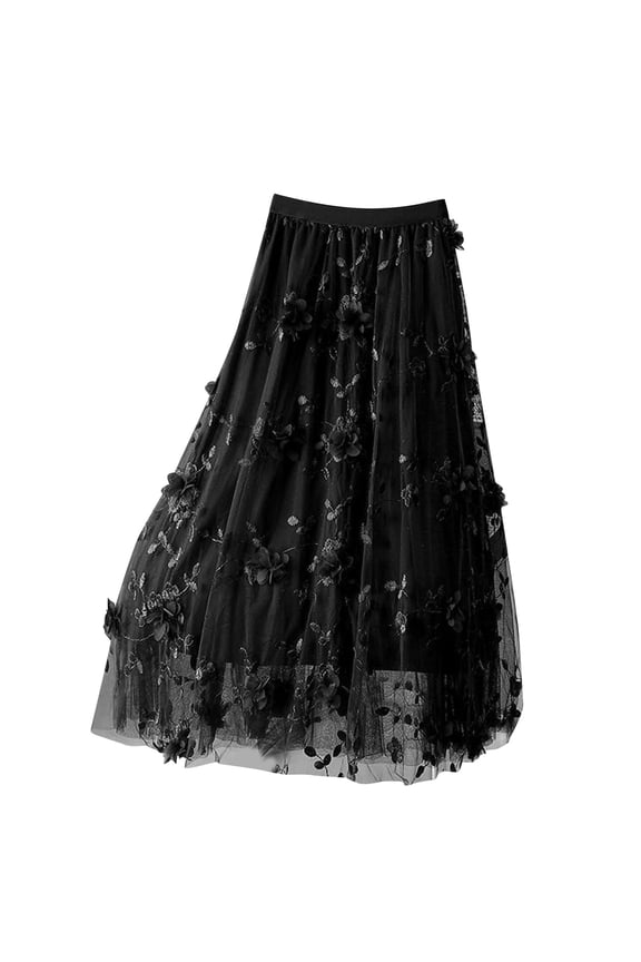 Womens Floral Tulle Skirts High Waisted A-Line Mesh Layered Midi Skirts for Party Casual