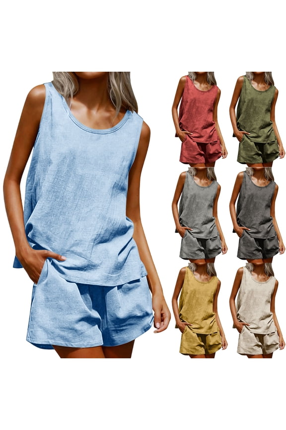 Womens Linen Short Sets 2 Piece Summer Beach Outfit Tank Top and Shorts Casual Vacation Outfits with Pockets