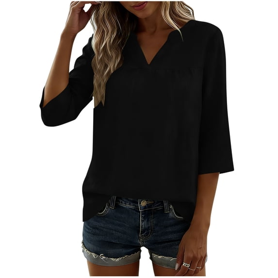 Yievot Womens Linen Tops Dressy Casual V Neck 3/4 Length Sleeve Shirts Pleated Work Blouses