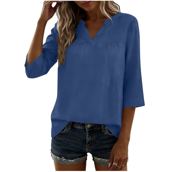Yievot Womens Linen Tops Dressy Casual V Neck 3/4 Length Sleeve Shirts Pleated Work Blouses