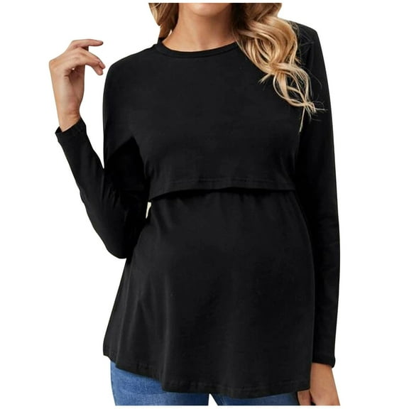 Yievot Womens Long Sleeve Maternity Shirts Color Block Crewneck Pullover Tunic Maternity Tops Fall Winter Tee Top Pregnancy Clothes
