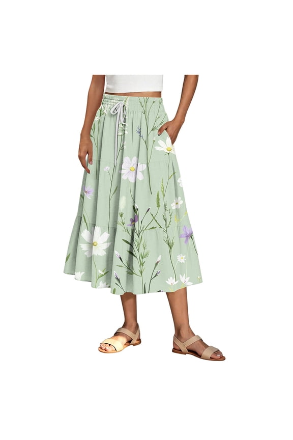 Womens Midi Skirt Summer Flowy Pleated Skirts Floral Print Drawstring Elastic Waist A Line Skirts