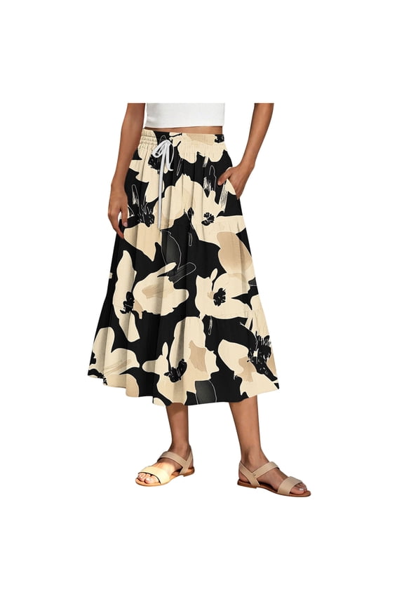 Womens Midi Skirt Summer Flowy Pleated Skirts Floral Print Drawstring Elastic Waist A Line Skirts