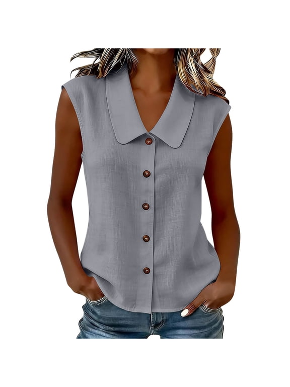 Womens Shirt Collared Button Down Sleeveless Blouse Solid Color Casual Shirt