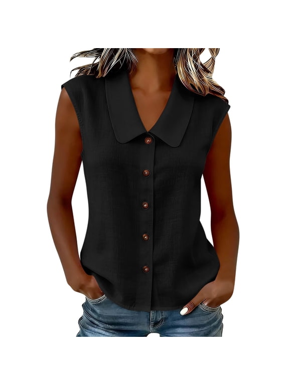 Womens Shirt Collared Button Down Sleeveless Blouse Solid Color Casual Shirt