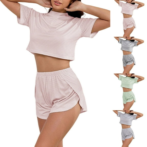 Maplenight Womens Short Pajama Sets Striped Lounge Set Split Crop Tops and Shorts Two Piece Sleepwear Summer Outfits