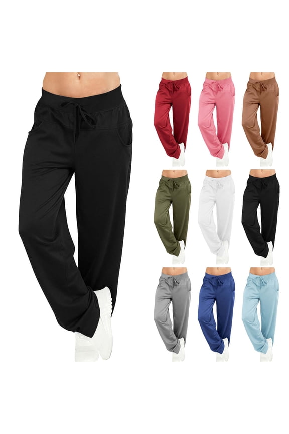 Womens Straight Leg Sweatpants with Pockets Drawstring Elastic Waisted Wide Leg Pants for Running Yoga Workout