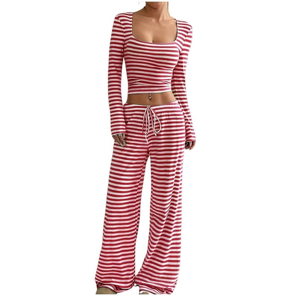 Maplenight Womens Striped 2 Piece Outfits Casual Scoop Neck Cropped Top Drawstring Wide Leg Pants Fall Pajama Sets for Women