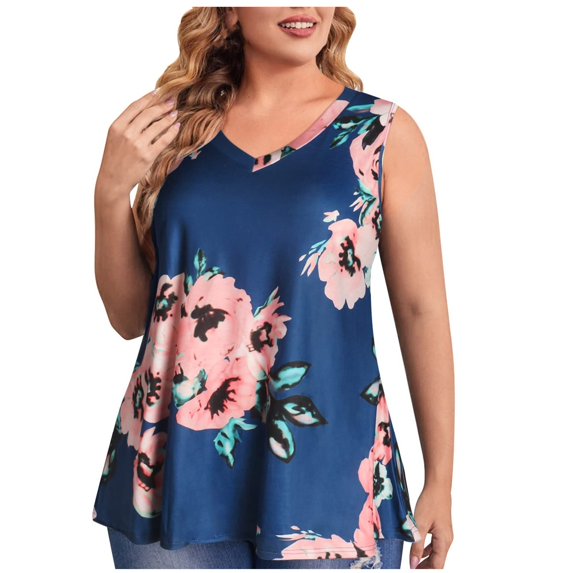 Yievot Womens Summer Oversized V-Neck Tank Top Fashion Solid Casual Loose Sleeveless Women's Flowy Blouses Shirts Tops On Clearance Blue XXXL