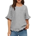 thumbnail image 1 of Yievot Womens Summer Tops Ruffle Flowy Half Sleeve Striped Shirts Crew Neck Dressy Business Casual Blouses, 1 of 4