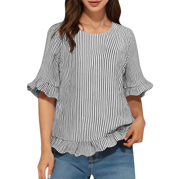 Yievot Womens Summer Tops Ruffle Flowy Half Sleeve Striped Shirts Crew Neck Dressy Business Casual Blouses
