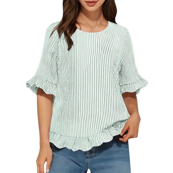 Yievot Womens Summer Tops Ruffle Flowy Half Sleeve Striped Shirts Crew Neck Dressy Business Casual Blouses