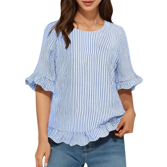 Yievot Womens Summer Tops Ruffle Flowy Half Sleeve Striped Shirts Crew Neck Dressy Business Casual Blouses