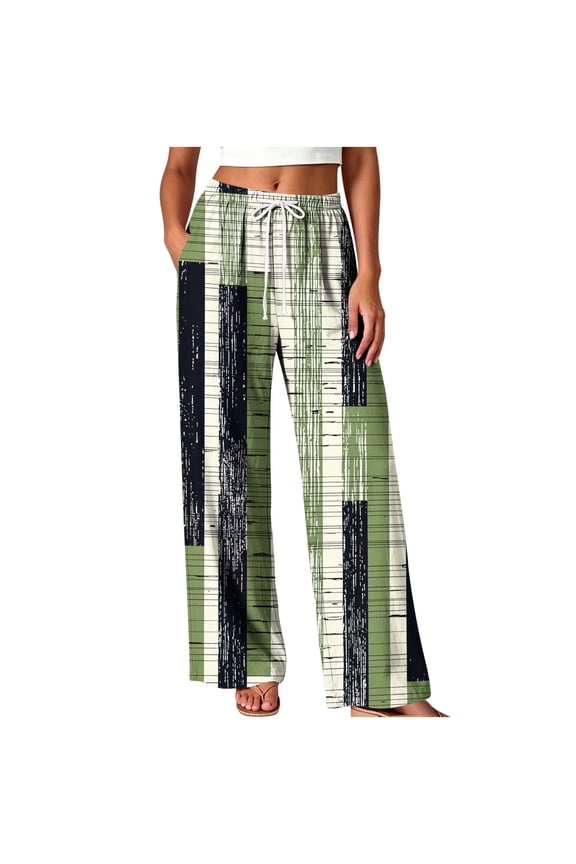 Womens Wide Leg Pants Graphic Printed Elastic Waist Drawstring Loose Fit Summer Beach Vacation Trousers with Pockets