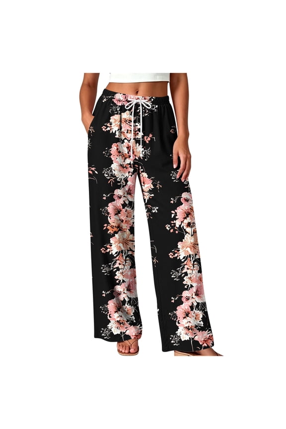 Womens Wide Leg Pants Graphic Printed Elastic Waist Drawstring Loose Fit Summer Beach Vacation Trousers with Pockets