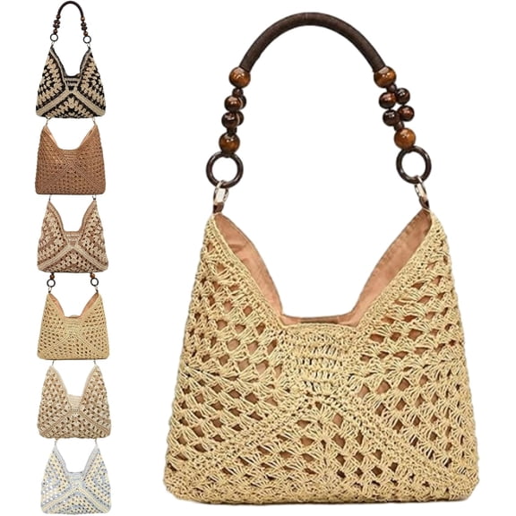 Yifan Handmade Woven Bucket Bag, Crochet Tote with Wooden Bead Handle, Summer Straw Bag
