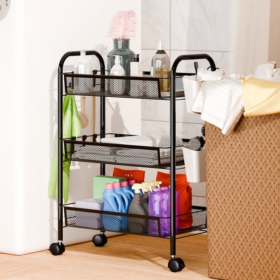 Yifeus 3 Tier Fruit Basket for Kitchen Organizers and Storage, Stackable Metal Wire Basket Stand Cart with Wheels for Fruit Vegetable,Black