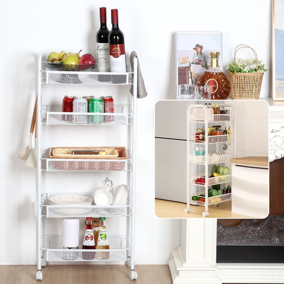 Yifeus 5 Tier Fruit Basket for Kitchen Organizers and Storage, Stackable Metal Wire Basket Stand Cart with Wheels for Fruit Vegetable,White