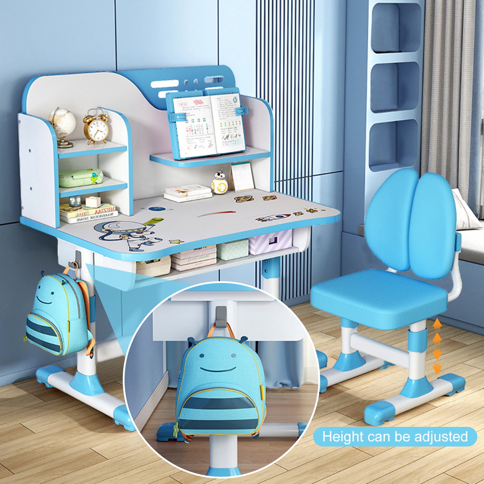 Yifeus Kids Study Desk and Chair Set, Children School Study Drawing Desk Chair Height Adjustable Kids Table Desk and Chair Set with Large Writing Board, Bookshelf and Drawer,Blue