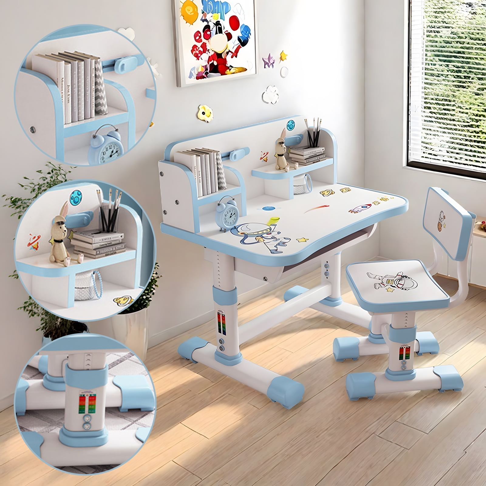 Yifeus Kids Study Desk and Chair Set, Children School Study Drawing Desk Chair Height Adjustable Kids Table Desk and Chair Set with Storage Drawer, Blue