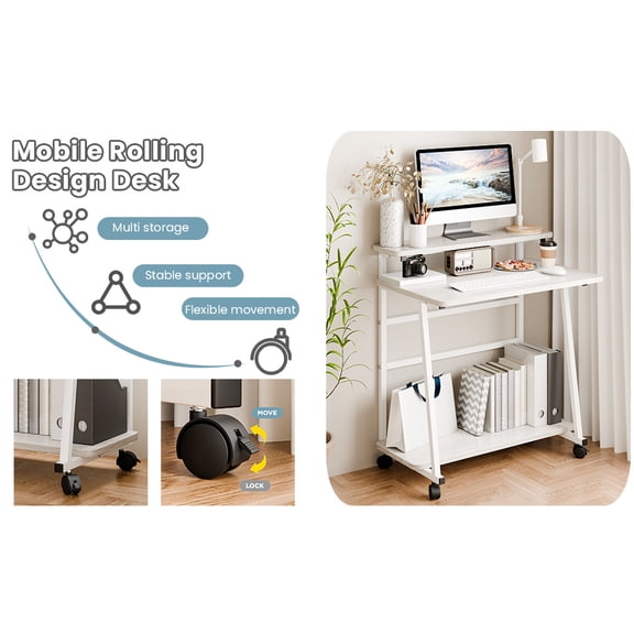 Yifeus Rolling Computer Desk, 3 Tier Mobile Computer Desk with Monitor Stand for Small Space, Home Office
