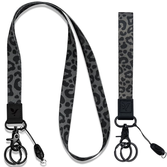 Yiflin Black Leopard Lanyard Set for ID Badge Card Holder,Leather Keychain Wristlet Cell Phone Strap for Women,Neck Teacher Lanyard for Keys Wallet