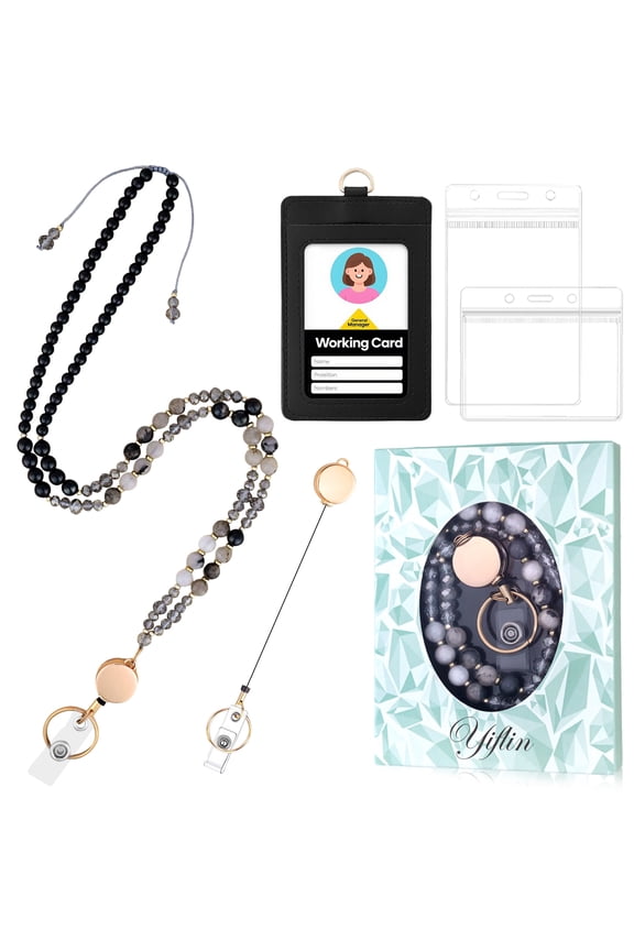 Natural Stone Crystal Lanyard with ID Badges for Keys, Retractable Teacher Neck Strap with PU Card Holder, Handicrafts for Women