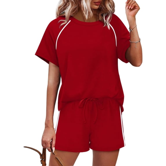 Yifymode 2 Piece Short Sets for Women Summer Outfits Crew Neck Short Sleeve Matching Lounge Sets with Pockets,Red L