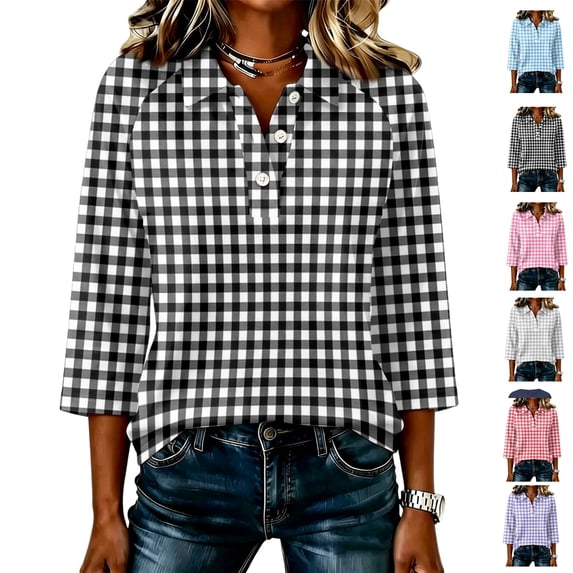 Yifymode 3/4 Sleeve Tops for Women Plaid Collared Button Polo Shirts, Lightweight Loose Fit Summer Casual Golf Office Work Athletic Tops S-XXXL