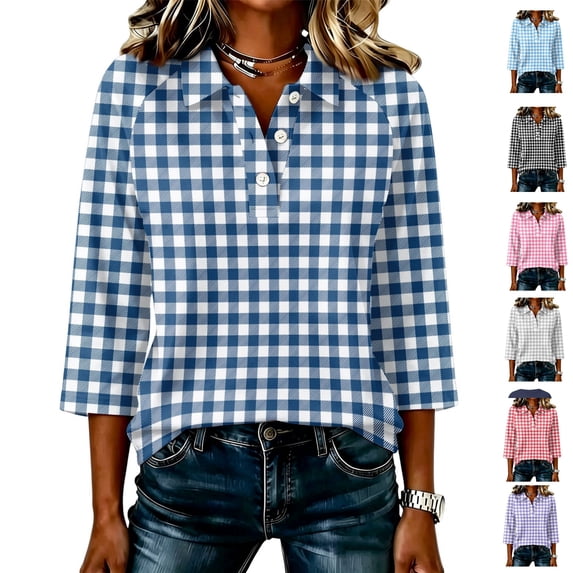 Yifymode 3/4 Sleeve Tops for Women Plaid Collared Button Polo Shirts, Lightweight Loose Fit Summer Casual Golf Office Work Athletic Tops S-XXXL