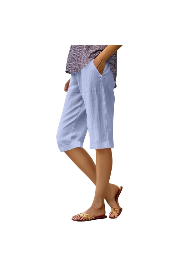 Bermuda Shorts for Women Knee Length Elastic Waisted Summer Casual Side Split Beach Shorts with Pockets,Light Blue XS