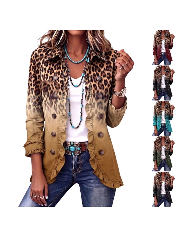 Blazer For Women Retro Leopard Print Gradient Print Lapel Long Sleeve Coat | Women Vintage Ruffled Trim Hem Cardigan,Trendy Jacket,Fall Blazer