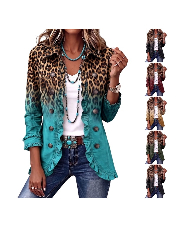 Blazer For Women Retro Leopard Print Gradient Print Lapel Long Sleeve Coat | Women Vintage Ruffled Trim Hem Cardigan,Trendy Jacket,Fall Blazer