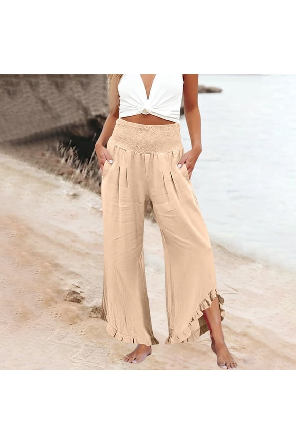 Boho Pants Women Smocked High Waisted Wide Leg Cropped Palazzo Pants with Pockets Cute Ruffle Boho Flowy Beach Pant,Light Brown L