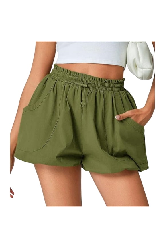 Bubble Shorts with Pockets, High Waisted Wide Leg, Loose Fit Casual Comfy, Ruffle Bloomers for Women,Army Green L