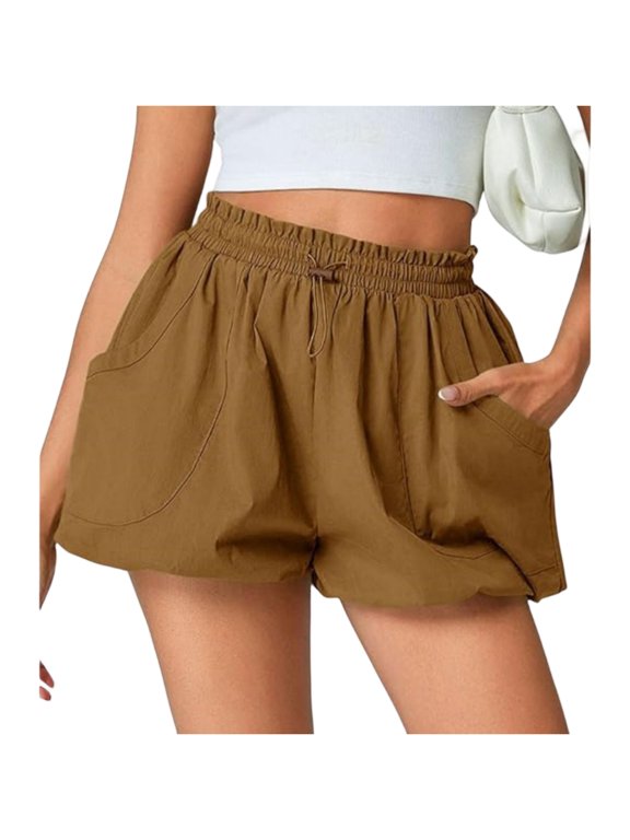 Bubble Shorts with Pockets, High Waisted Wide Leg, Loose Fit Casual Comfy, Ruffle Bloomers for Women,Brown M