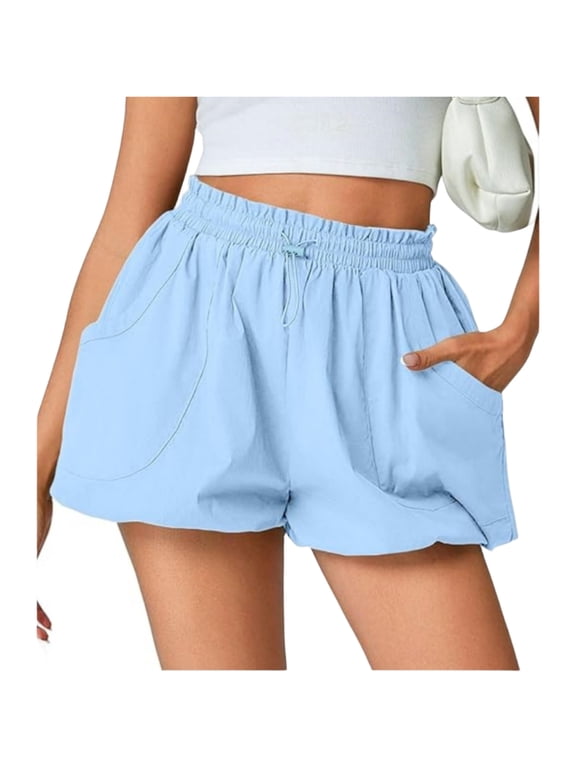 Bubble Shorts with Pockets, High Waisted Wide Leg, Loose Fit Casual Comfy, Ruffle Bloomers for Women,Sky Blue M