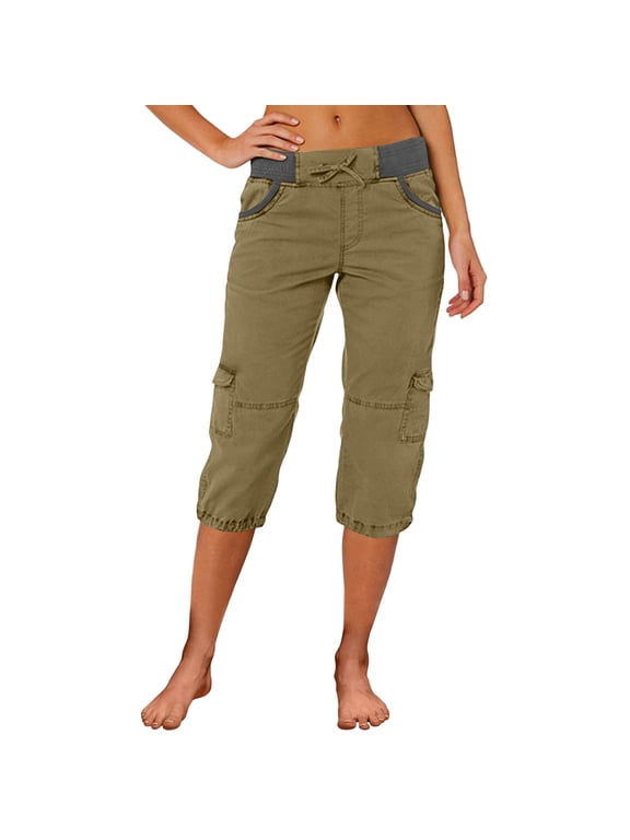 Cargo Capris for Women Casual Capri Pants with Pockets Summer Hiking Pants Outdoor Pull On Cargo Pant,Army Green L