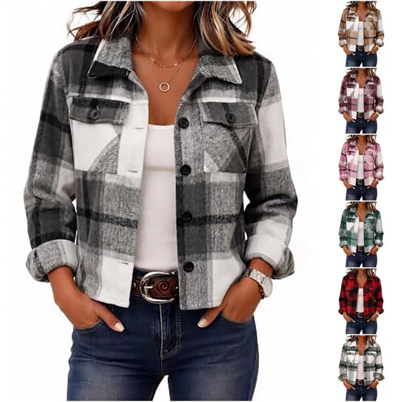Yifymode Cropped Jacket Women Fall Outwear Button Down Plaid Trendy Cropped | Plaid Jacket Women, Gingham Shackets Coats Petite, Fashion