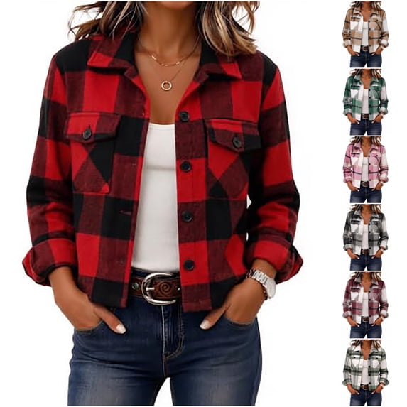 Yifymode Cropped Jacket Women Fall Outwear Button Down Plaid Trendy Cropped | Plaid Jacket Women, Gingham Shackets Coats Petite, Fashion