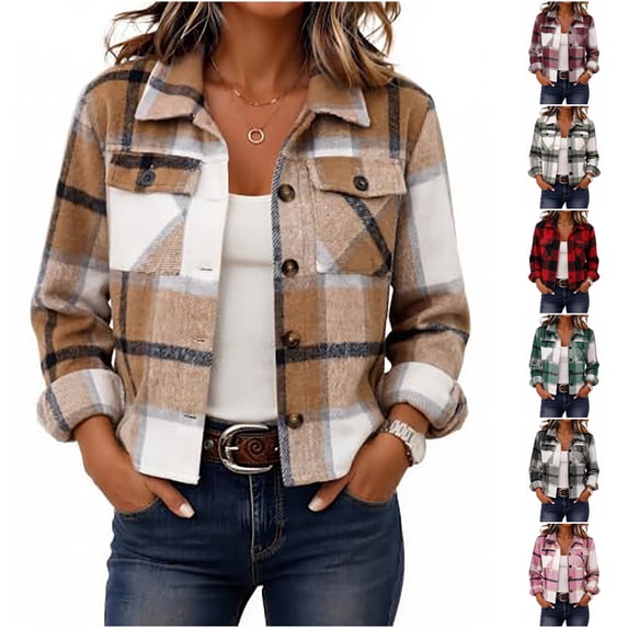 Yifymode Cropped Jacket Women Fall Outwear Button Down Plaid Trendy Cropped | Plaid Jacket Women, Gingham Shackets Coats Petite, Fashion