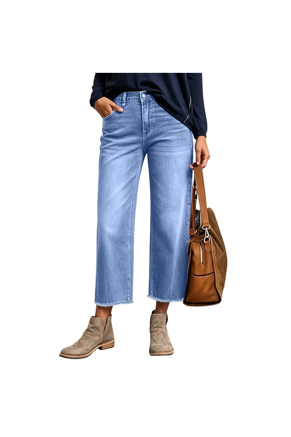 Cropped Jeans for Women Summer Frayed Hem Straight Ankle Jeans Stretchy High Waisted Baggy Boyfriend Denim Capris,Sky Blue XL